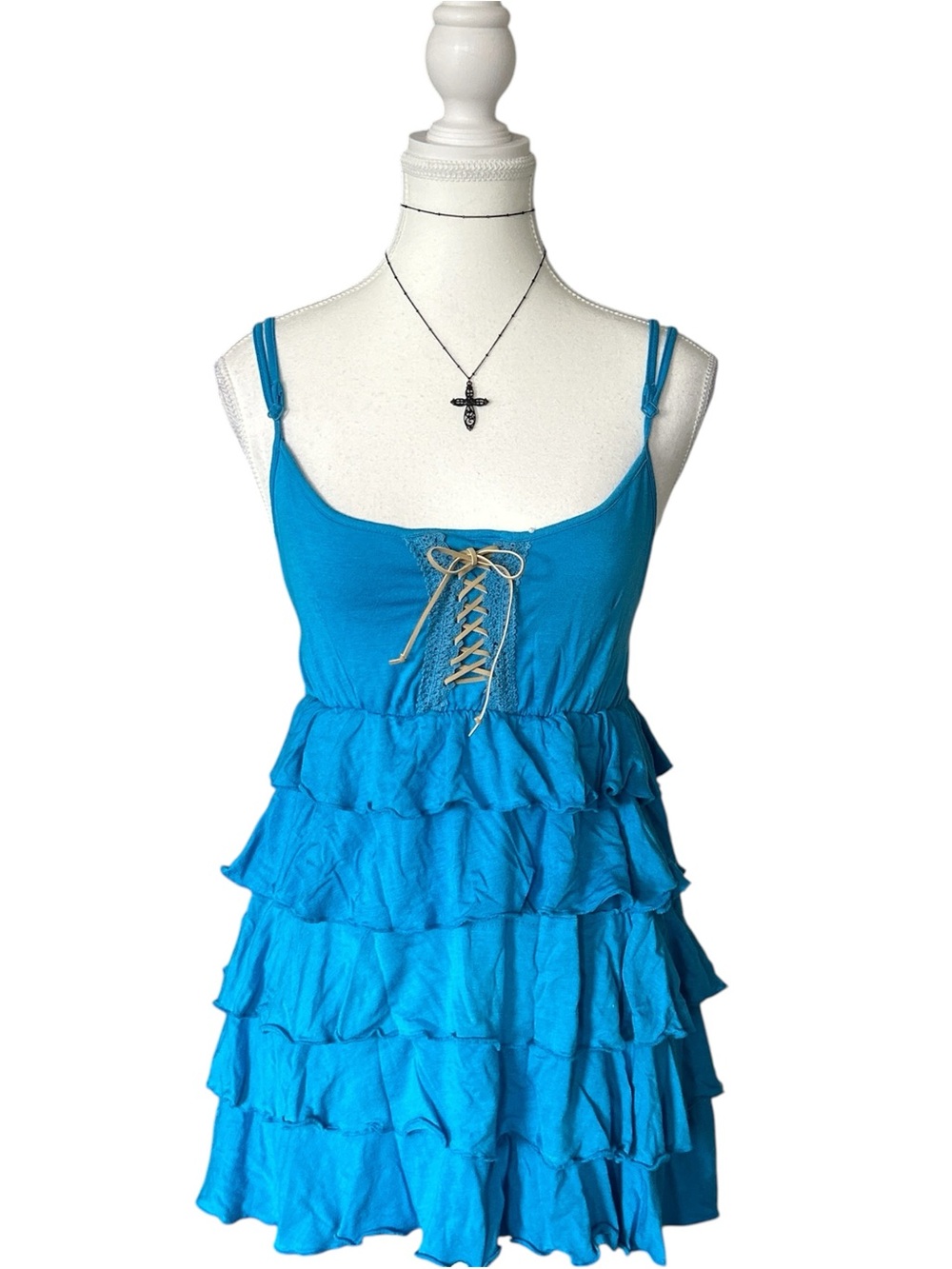 Y2K “Cocoa” Blue Tiered Ruffle Trim Babydoll Style Mini Dress